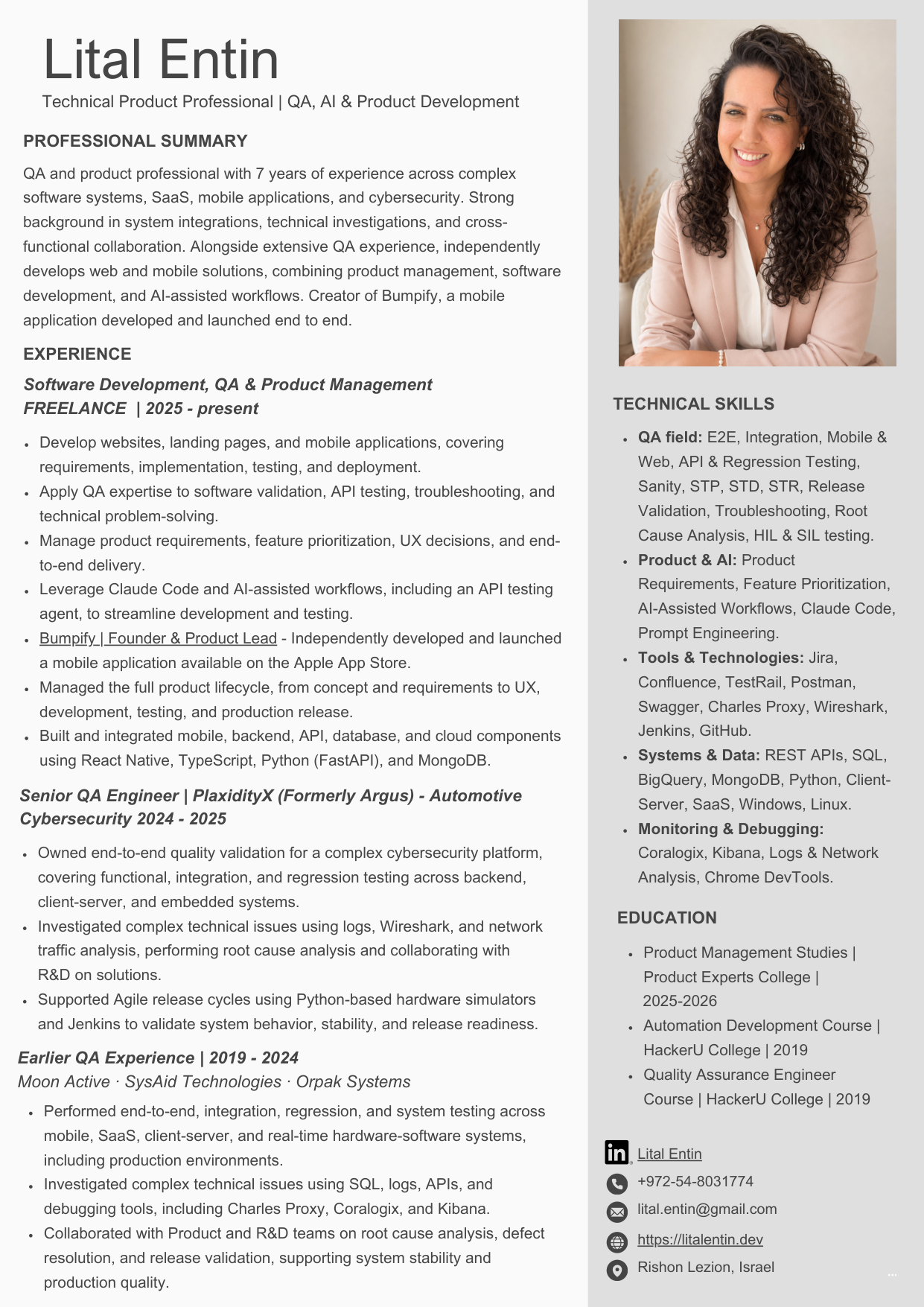Lital Entin CV, page 1. Use the Open PDF button for the full document.